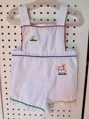 Vintage Petit Ami White Embroidered Romper Shortall 6M Bunny Duck Primary Piping